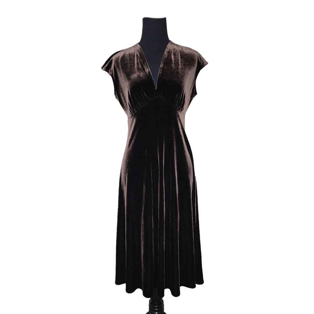 Lizzatti Dark‎ Brown Velour V Neck Sleeveless A Line Dress Size 8 - Picture 2 of 10